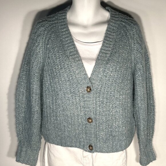 Lucky Brand SZ M Pale Aqua Wool Blend chunky crop cardigan Preppy Academia - Picture 2 of 8
